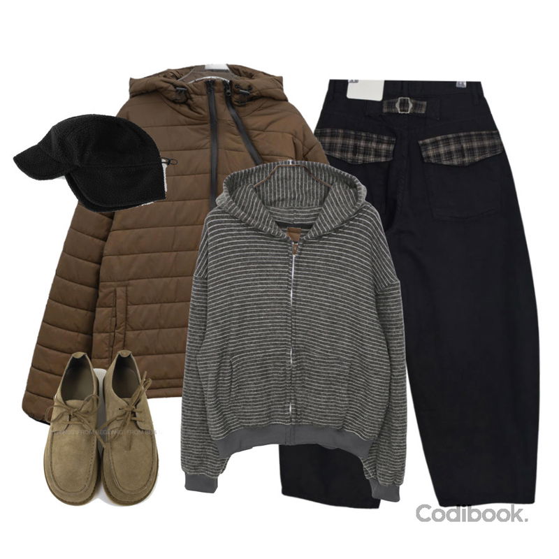 From Beginning(O) 헤드 리얼스웨이드로퍼 (3color),binary01 폴립 라이트 경량패딩,EEZEE Fleece Checkpoint Buckle Pants PA066등을 매치한 코디