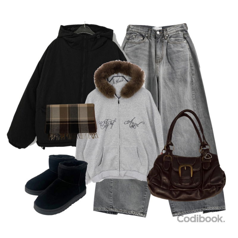 ccomeng 밤비체크목도리,noirmute 에더프 더블 포켓 와이드 데님 팬츠 DOUBLE POCKET WIDE DENIM PANTS,anyonemore 벤자 어그 양털 숏 부츠 (5color)등을 매치한 코디