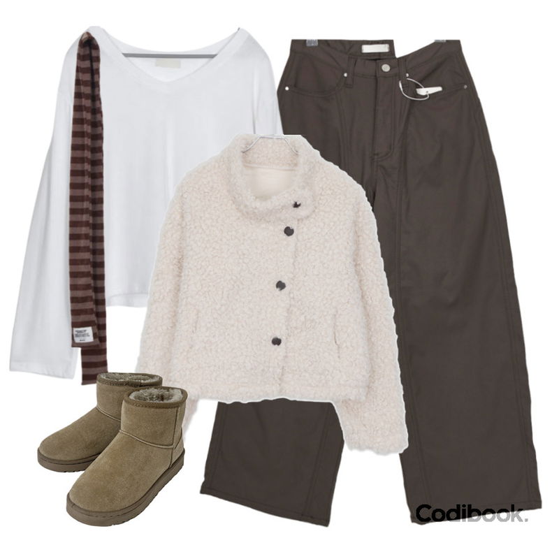 anyonemore 벤자 어그 양털 숏 부츠 (5color),ondeed 코헤 뽀글이 양털 하이넥 무스탕 자켓,EEZEE Fleece Padded Wide Cutting Pants PA070등을 매치한 코디