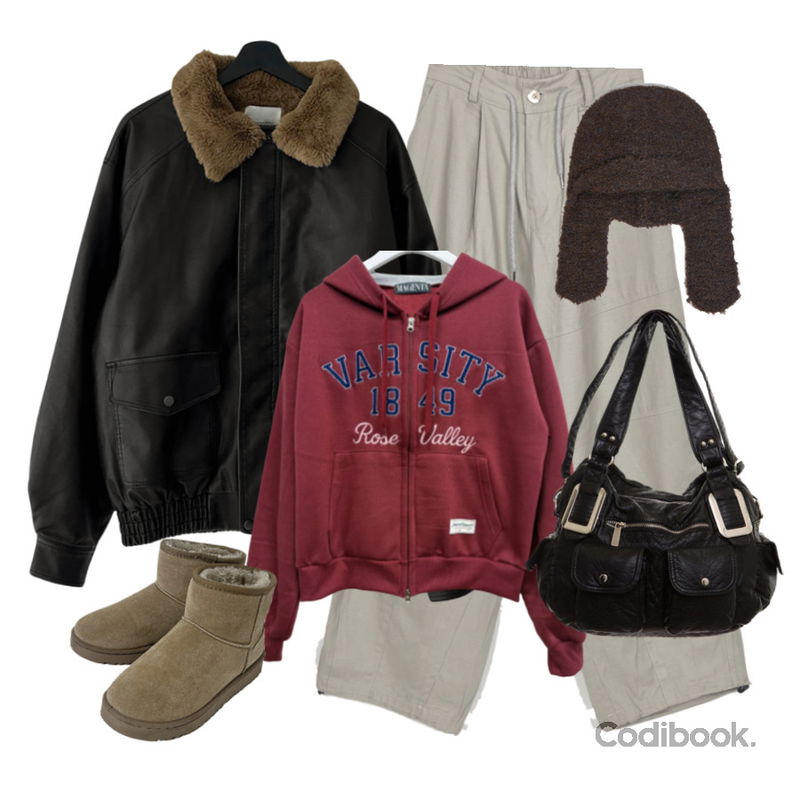 anyonemore 벤자 어그 양털 숏 부츠 (5color),EEZEE Mentone Wide Cargo Pants PA062,E-PICK 1849 후드 집업등을 매치한 코디