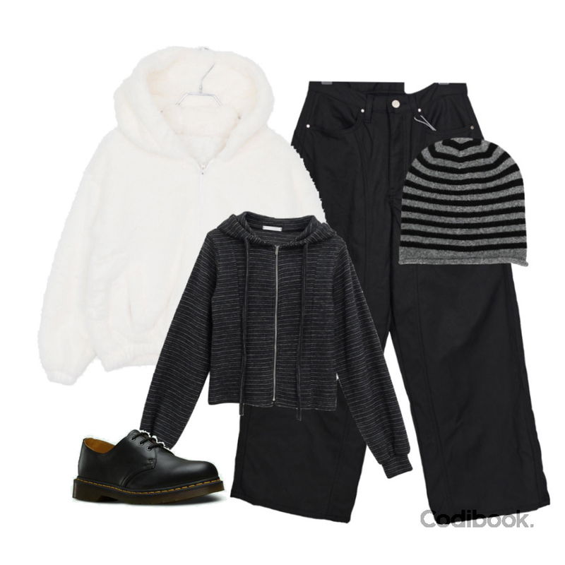 wonderwonder 츠하 퍼 후드 안감 누빔 루즈핏 집업 자켓,binary01 데펀 스트라이프 비니,binary01 멜로나 스트라이프 후드집업등을 매치한 코디