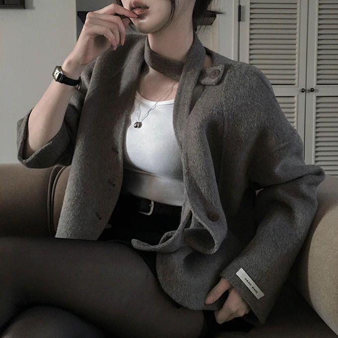 78%羊毛滾邊寬肩開襟外套