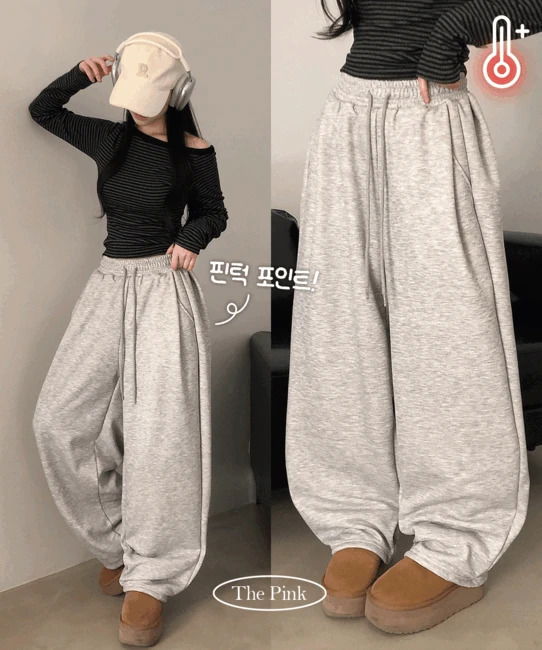 Unco high-waist banding side pin tuck raised fleece wide training pants