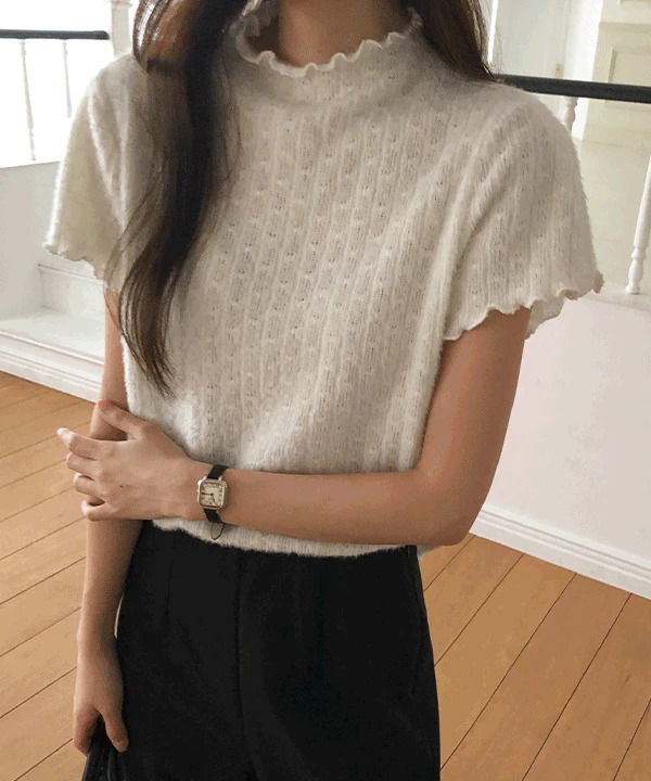 Revlin Hairy Ribbed Wave High Neck Short Sleeve Knitwear - 2 Colors