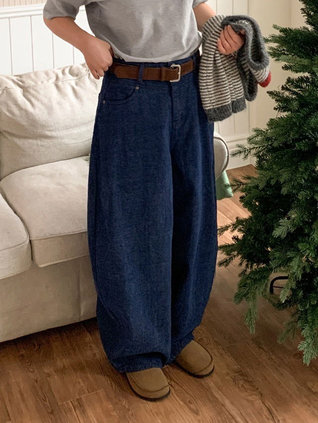 Big Size S-3XL Jinderim Peach Fleece-lined Wide High-Waist Balloon-Fit Denim Pants 牛仔褲