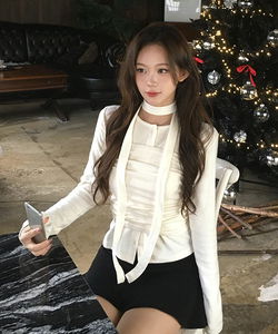 Mesh Fleece-lined choker tube top layered cardigan tee