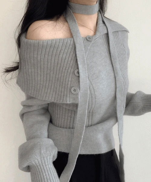 Fringe Big Collar Semi-Crop Long Sleeve Knitwear P000BOBX 针织衫