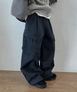 水洗做舊寬版工裝長褲