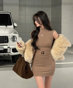 Plina Ribbed Turtleneck Knitwear Sleeveless Belted Mini Dress + Crop Cardigan Two-Piece Set