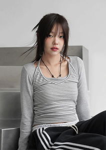 Furven Halter Stripe Fleece-lined Sleeveless 