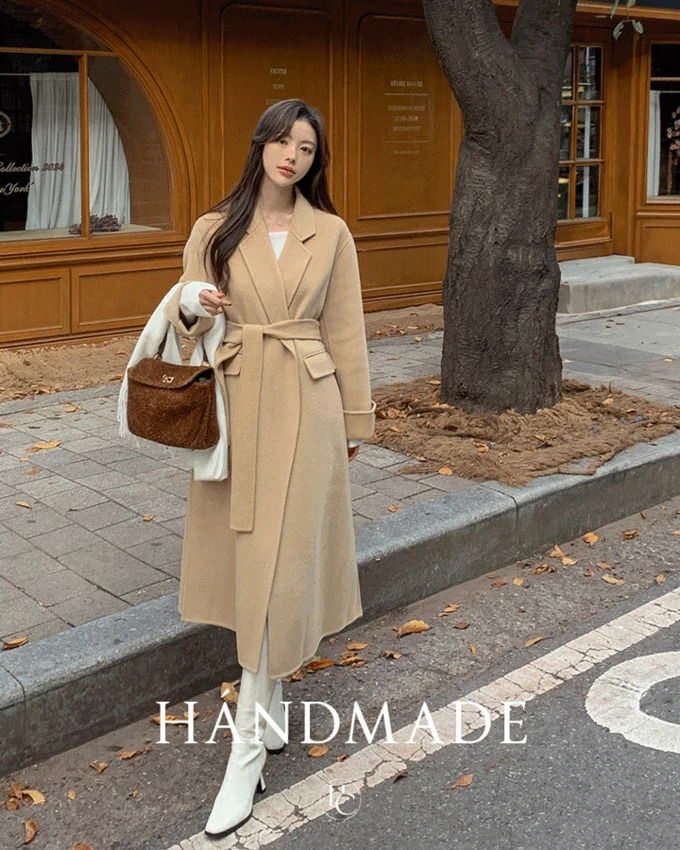 アントニーノンボタンカラーネック ウエストストラップ ルーズフィットローブ ハンドメイドロングコート