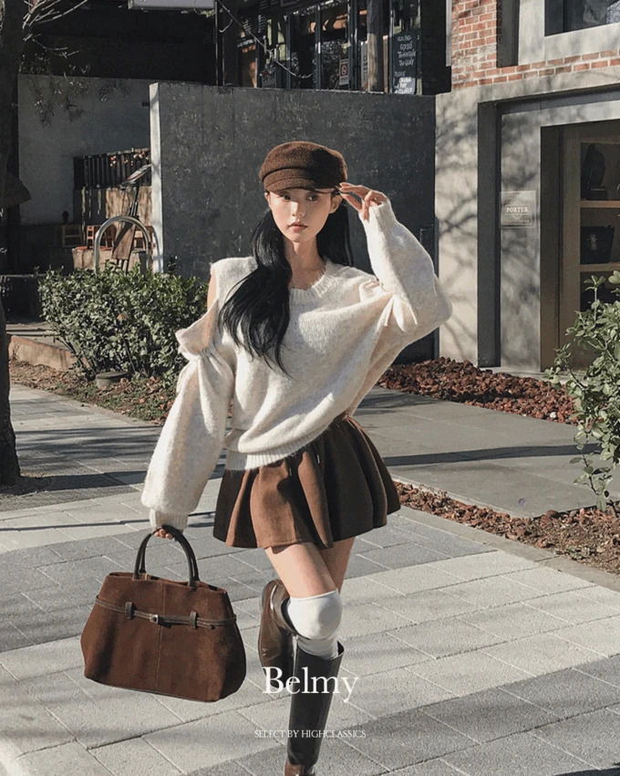 Bellmai Off-Shoulder Ribbon String Avangar Loose-fit Angora Winter Knitwear Wool Knit