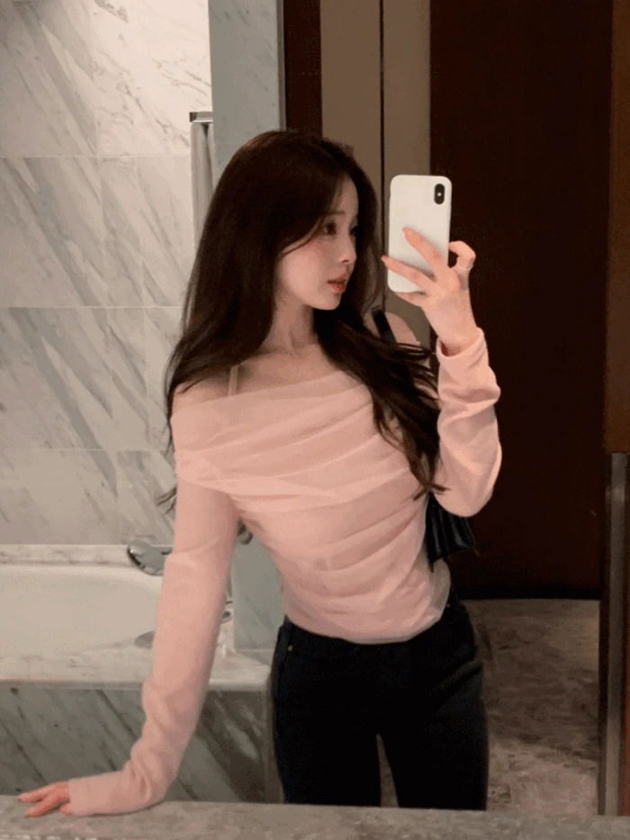 Party Chiffon Halter Neck Off-Shoulder Shirring Fleece-lined T-Shirt (4 Colors)