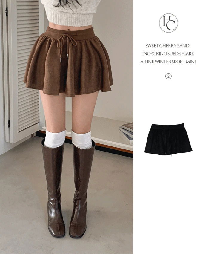スイートチェリーバンディングストリングスエードウィンターフレアAラインミニスカート