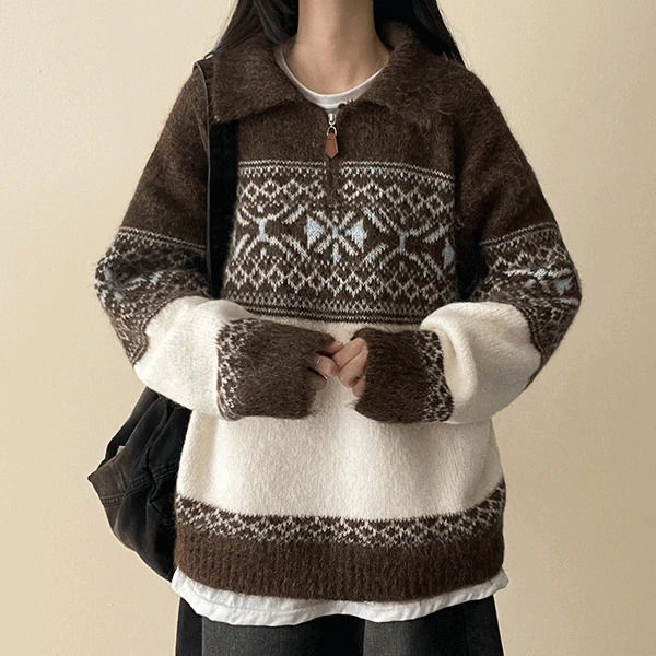 라트 눈꽃 패턴 가죽지퍼 카라 반집업니트 (3color) H&L