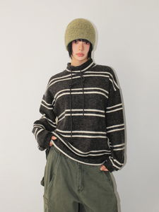 STRIPED FLEECE MOCK-NECK TOP (ivory / charcoal)