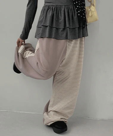 摩卡色拼接條紋鬆緊腰寬褲