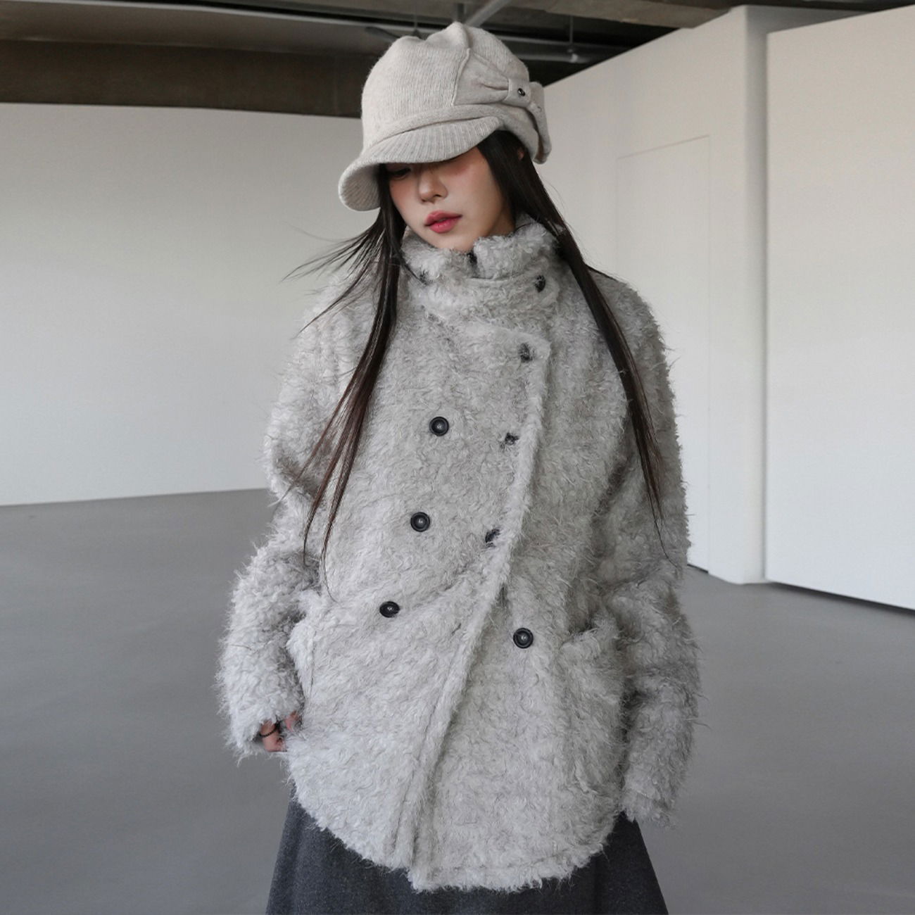 絨毛立領寬鬆雙排扣外套