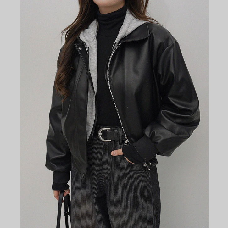 拼色連帽皮革外套