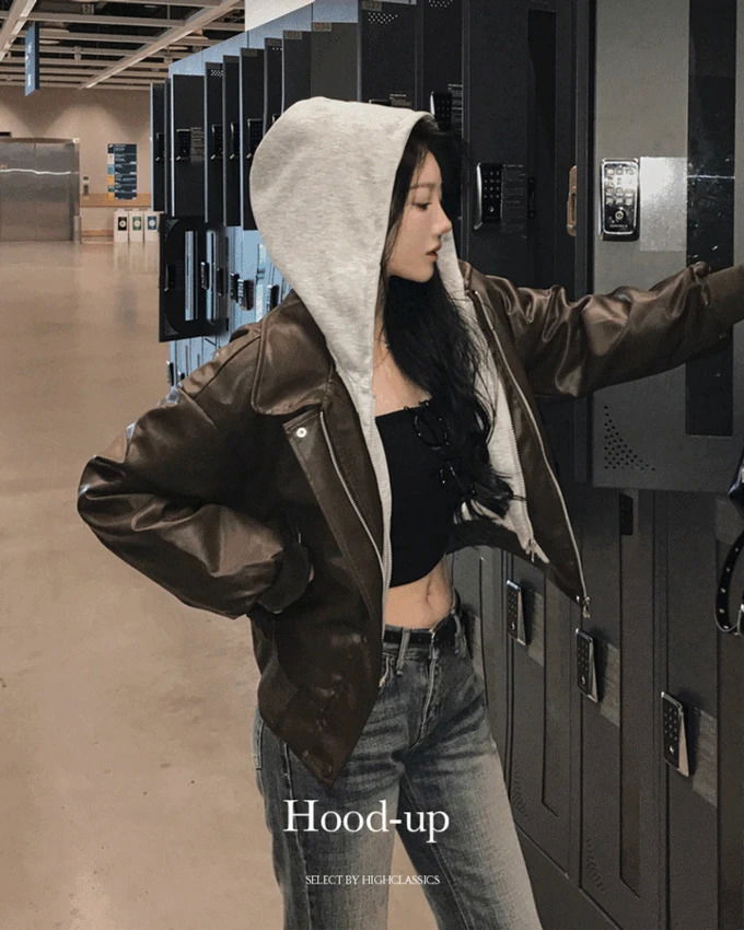 Hooded fleece-lined hooded zip-up, layered double-lock, ribbed pocket, avant-style Loose-fit fit leather jacket