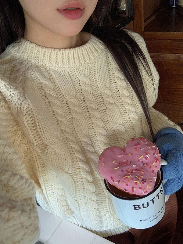 ボーダーケーブルラウンドネックルーズフィット冬ニット