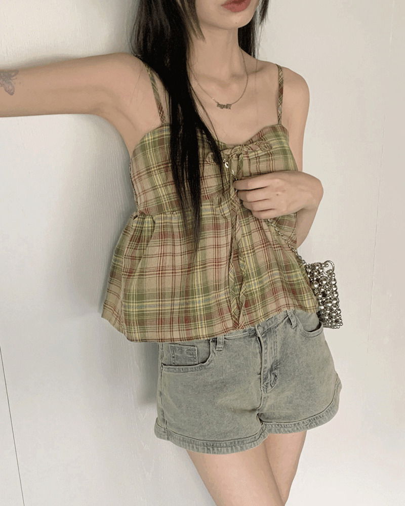 리펜 체크 캡내장 셔링 리본 플레어 끈 나시 슬리브리스