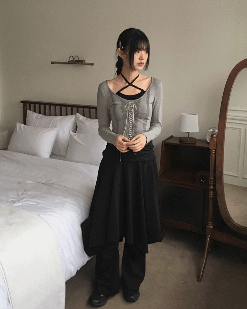 PKA Lace Strap Sleeveless Integrated Fleece-lined Rolled Long Sleeve T-Shirt