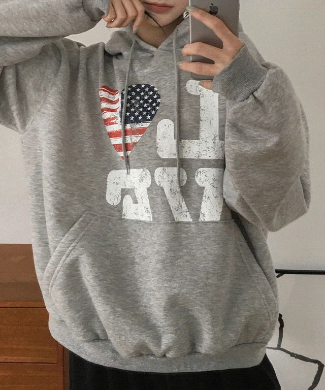 愛心美國國旗印花寬鬆連帽長袖上衣