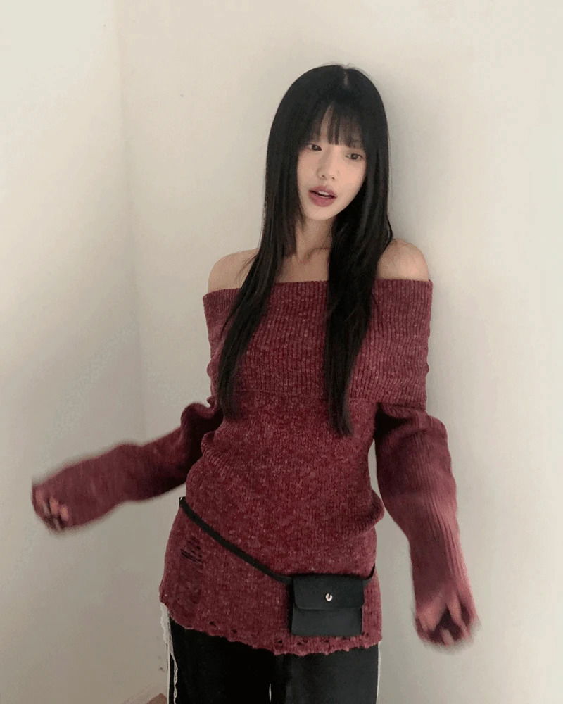 羊毛混紡摺袖露肩針織上衣