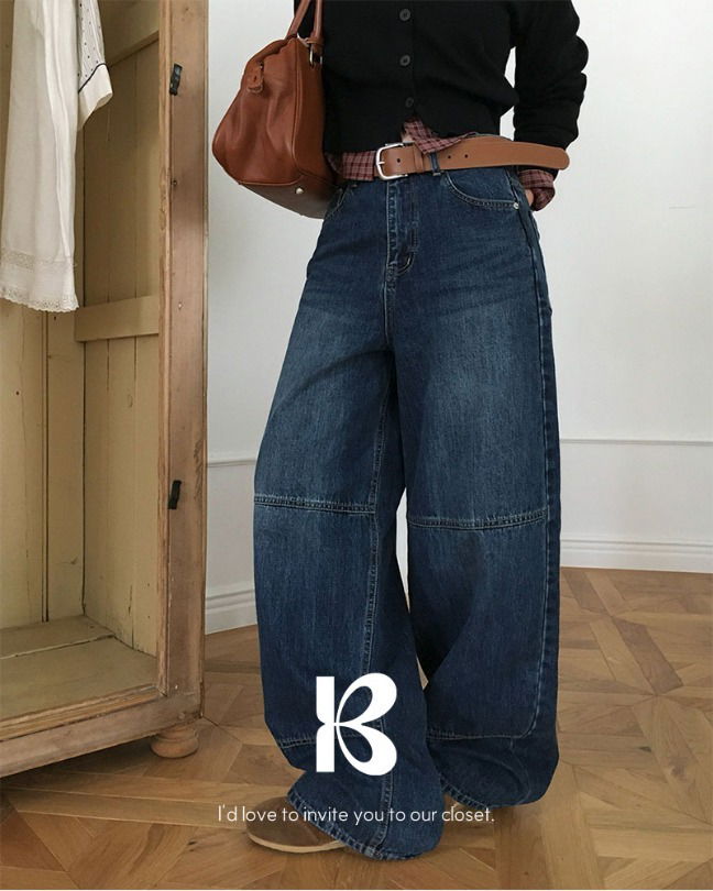 寬鬆剪接藍色牛仔褲