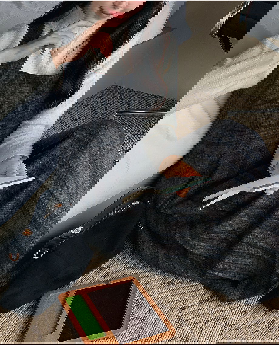 리리앤코 스누이벤 울 체크 맞주름 스퀘어넥 뷔스티에 롱 원피스