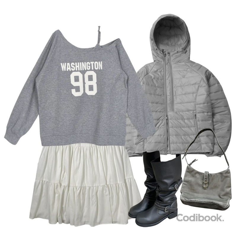 DAILYJOU 다로 빈티지 버클 와이드 롱 부츠,tipssy grain tone bag (2color),EEZEE Washington 98 One Shoulder T-shirt TS076등을 매치한 코디