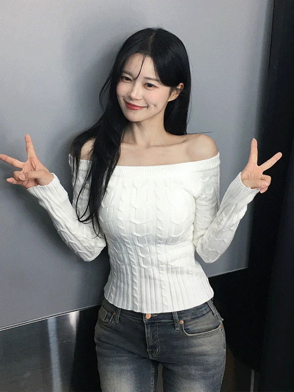 修身麻花織紋露肩針織上衣