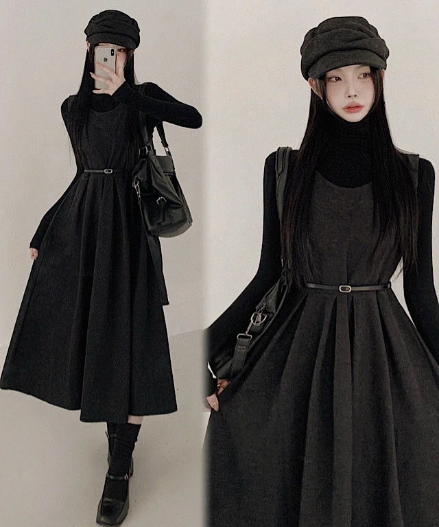 Wool bustier long flare Dress + knitwear Turtleneck + belt two-piece set (2 colors)