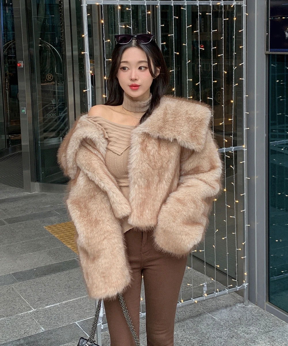 Big Sailor Fur Jacket Hook Overfit Faux Fur Crop Jacket 夾克