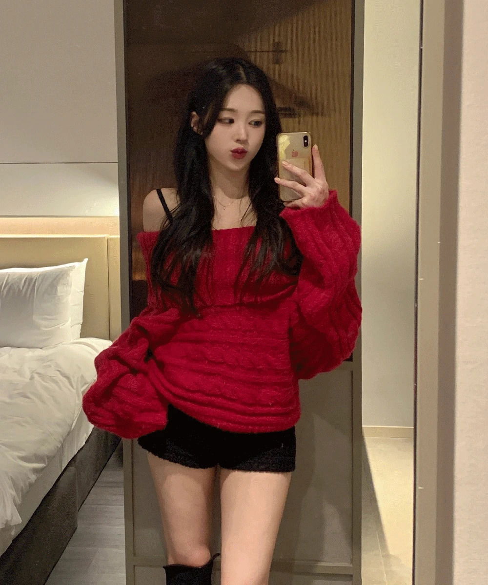 ケーブル編みオフショルダーニット アンゴラ クロップ ルーズフィット アバンギャルドフィット