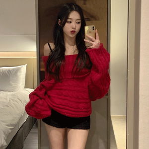 ケーブル編みオフショルダーニット アンゴラ クロップ ルーズフィット アバンギャルドフィット