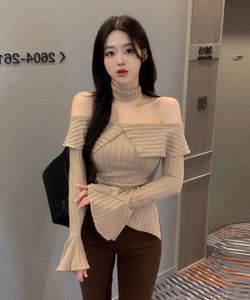 *Choker set* Fleece-lined Twisted off-shoulder Ribbed ribbed knitwear t-shirt set team shirring sexy