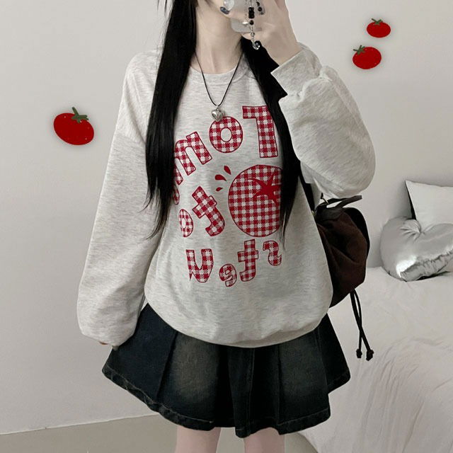 # Fleece-lined version sweet tomato check lettering printing balloon box fit Sweatshirt 長袖上衣