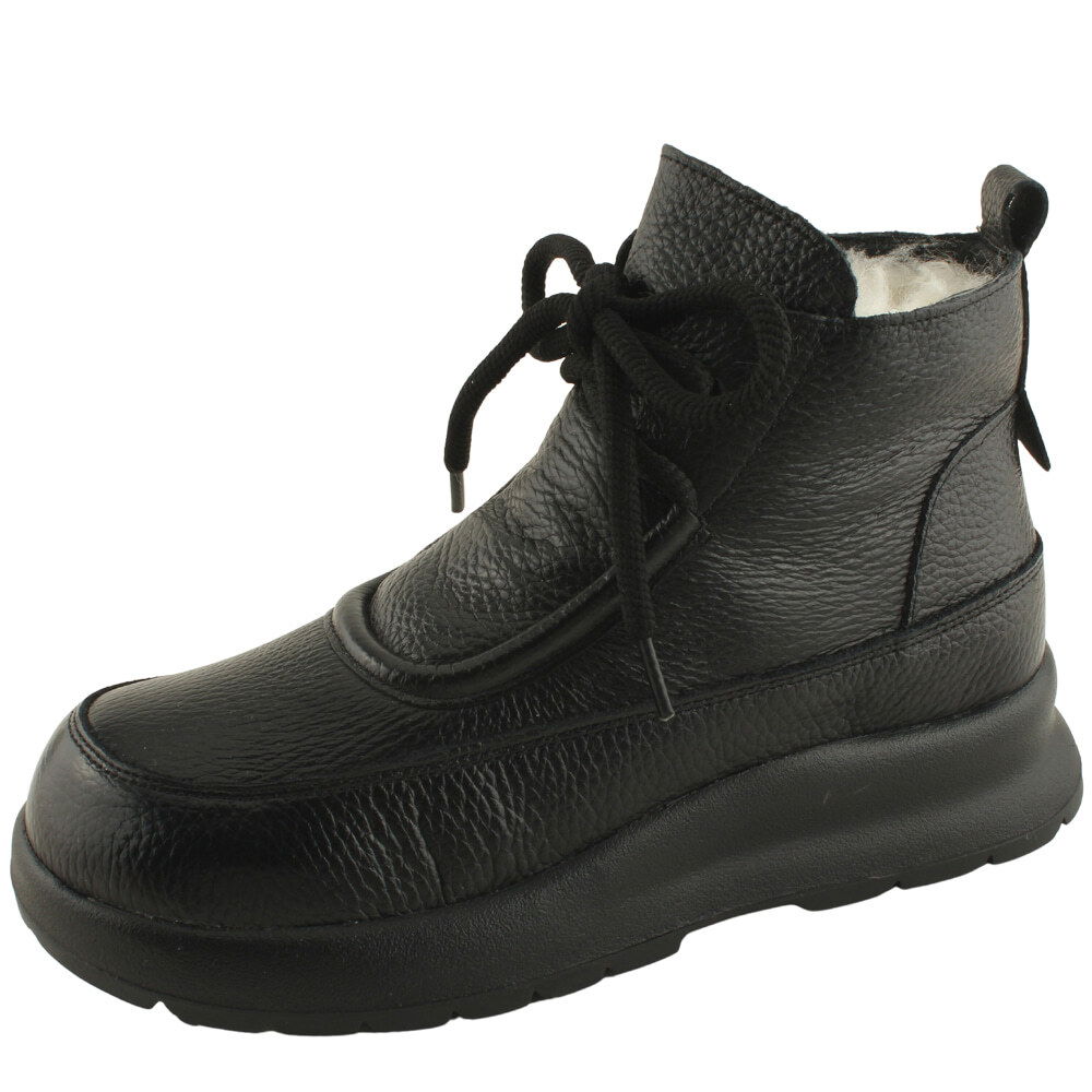 천연 소가죽 양털 끈 방한화 플랫 앵클부츠 블랙