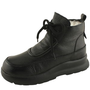 천연 소가죽 양털 끈 방한화 플랫 앵클부츠 블랙