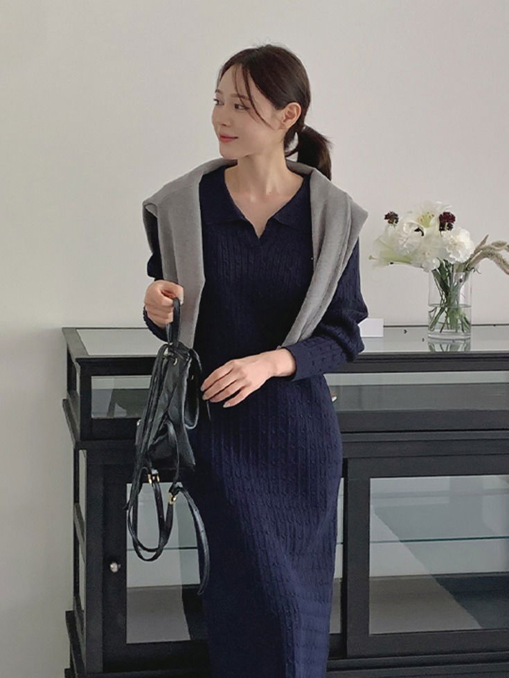 Rotibidin Pendant Open Collar Twisted Knitwear Long Dress