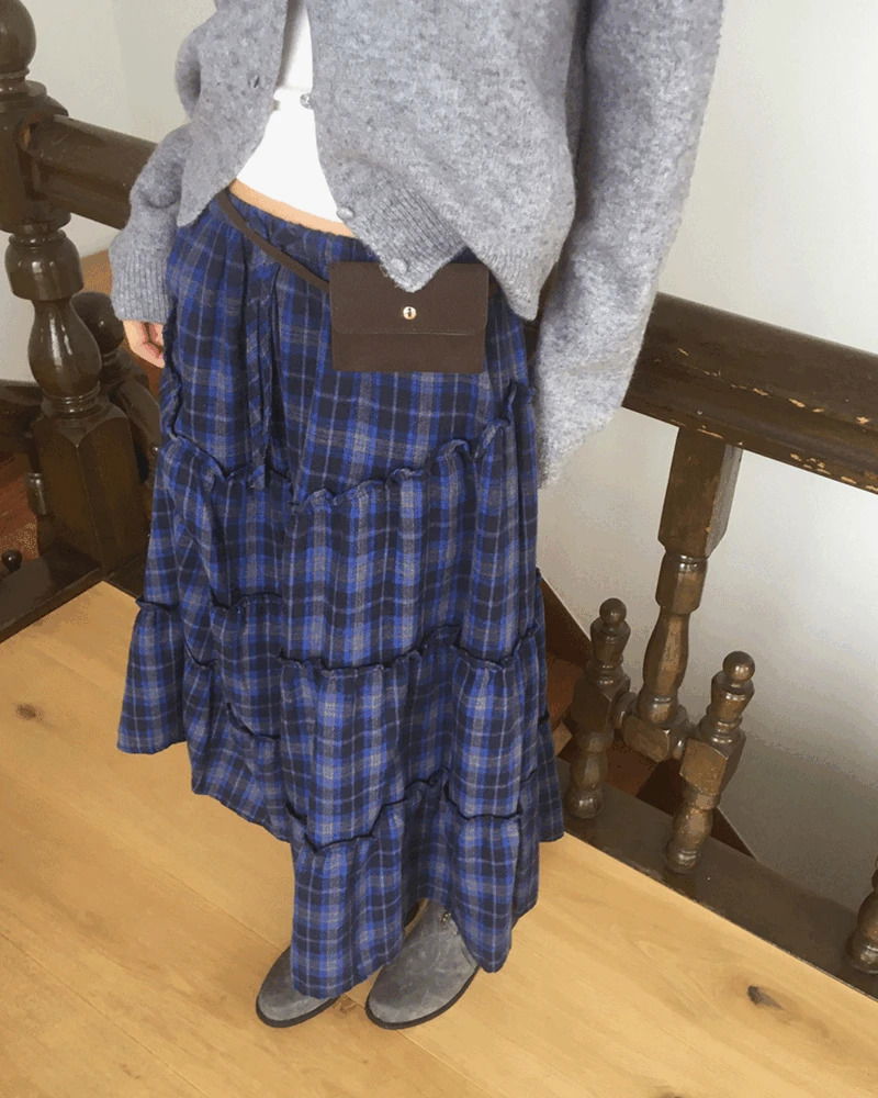 荷葉邊格紋蓬蓬長裙