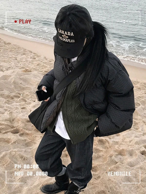 파이프 하이넥 체크 패딩