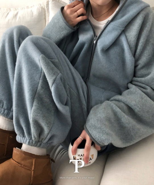 ハピン ルーズフィットフリース配色フードジップアップ + ワイドパンツ セット