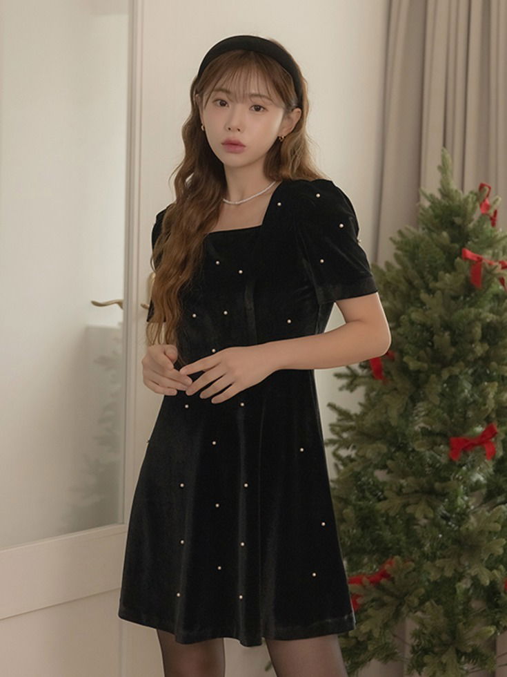 Elleju Velvet Pearl Square Neck Mini Dress