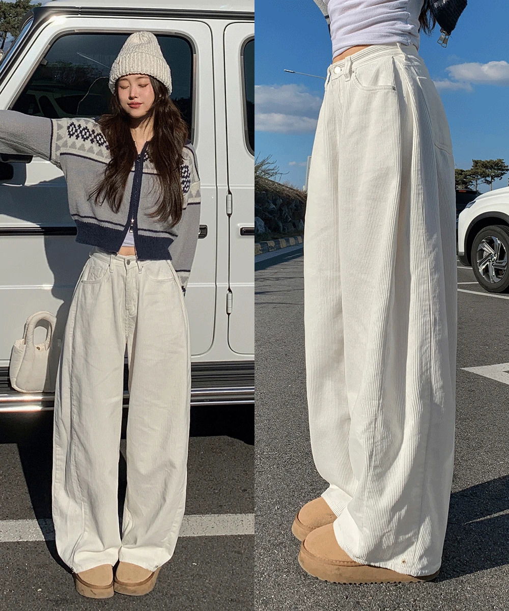 Made with *side pin tucks & hem snaps* Anti-slip corduroy side pin tuck wide pants 长裤