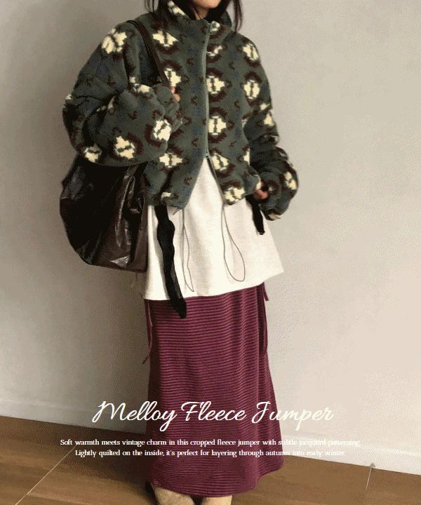 멜로이 자가드 하이넥 스트링 크롭 누빔 후리스 자켓 점퍼 2 color 덤블집업/플리스