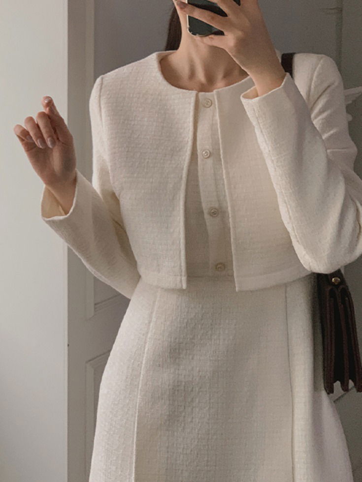 Le Immobile Tweed Pintuck Flap Gold Button Long Dress 连身裙