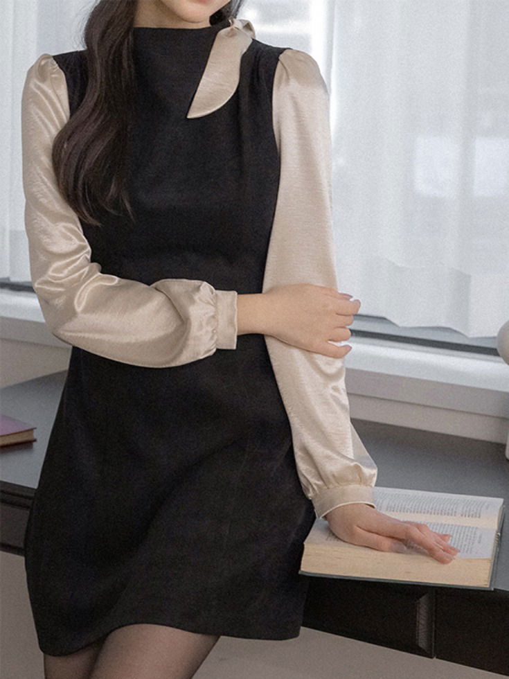 Ronenbi Peach Fleece-lined Color Block Satin One-Shoulder Tie Mini Dress 迷你短洋裝